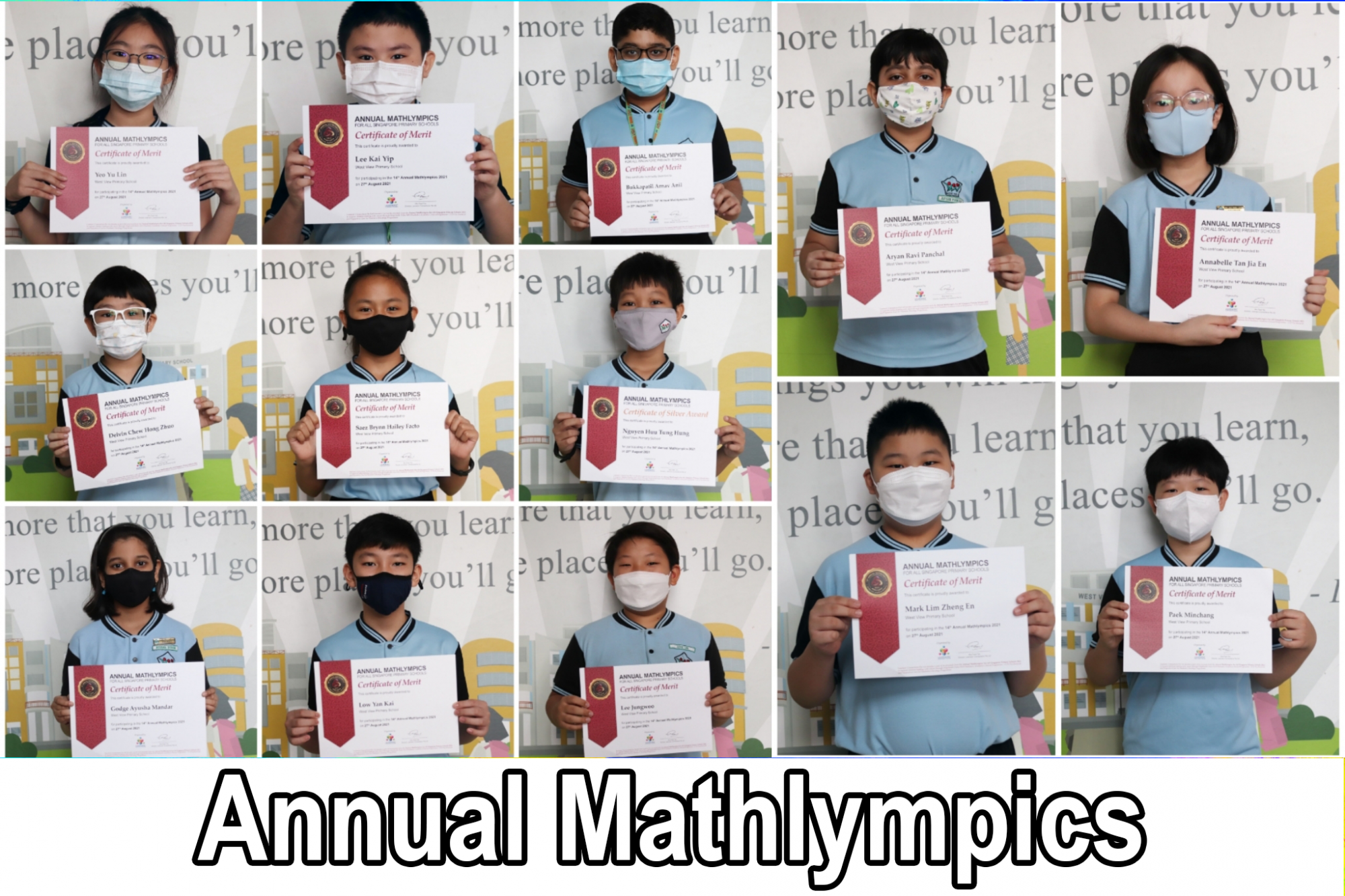 Twelve masked children each hold an Annual Mathlympics Certificate of Merit in a collage of individual photos.